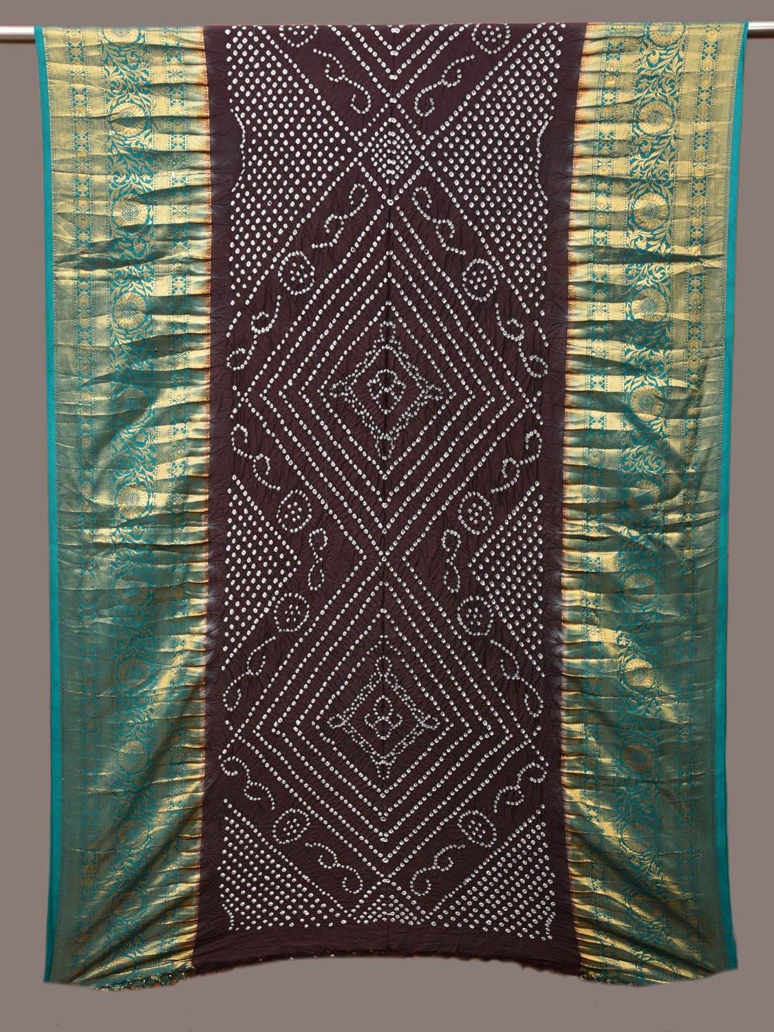 Black Bandhani Kanchipuram Silk Handloom Dupatta with Border Design - Global Threads | Swadesiicart