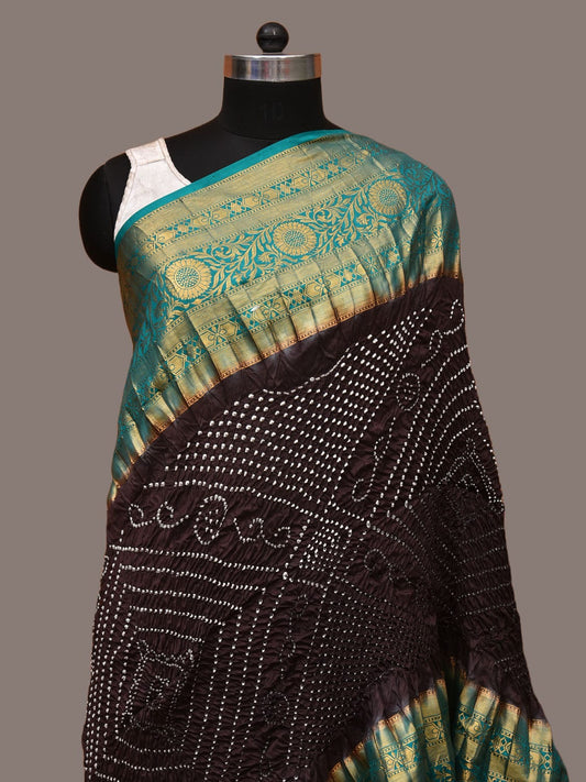 Black Bandhani Kanchipuram Silk Handloom Dupatta with Border Design - Global Threads | Swadesiicart
