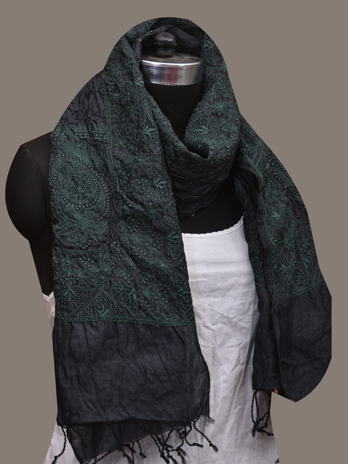 Black Bandhani Tussar Stole with Embroidary Work Design - Global Threads | Swadesiicart