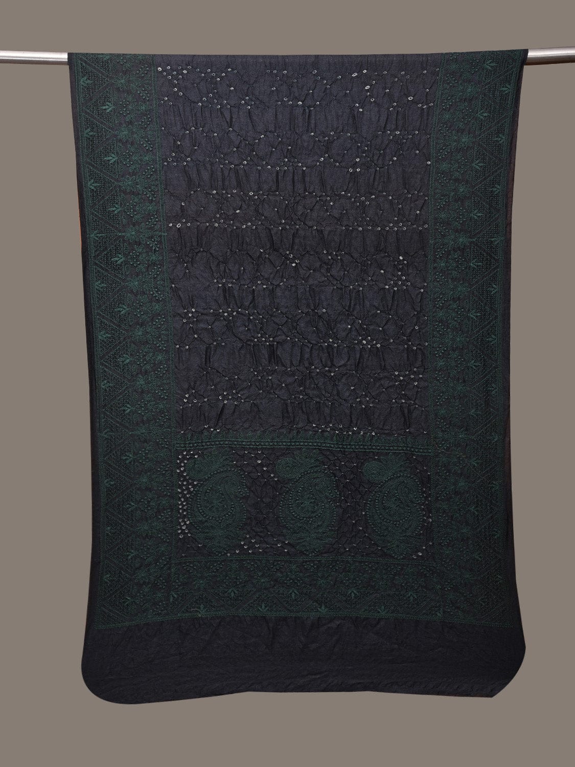 Black Bandhani Tussar Stole with Embroidary Work Design - Global Threads | Swadesiicart