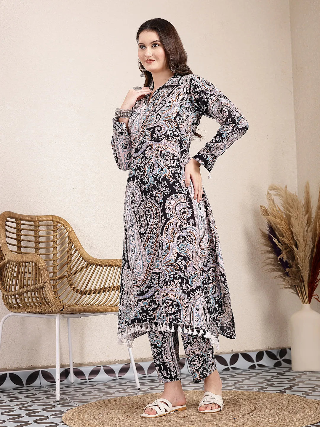 Yufta Black Boho Print Pure Cotton Co-Ord Set - Swadesiicart