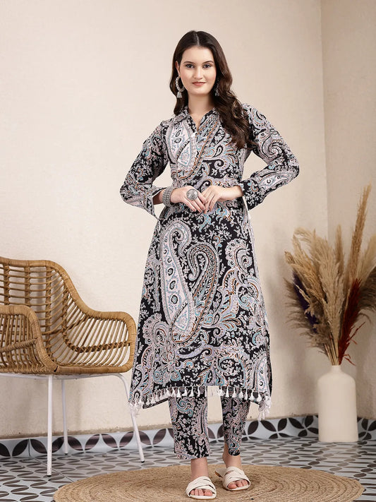 Yufta Black Boho Print Pure Cotton Co-Ord Set - Swadesiicart