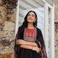 Yufta Black Cotton A Line Gathered Or Pleated Kurta Dupatta Set