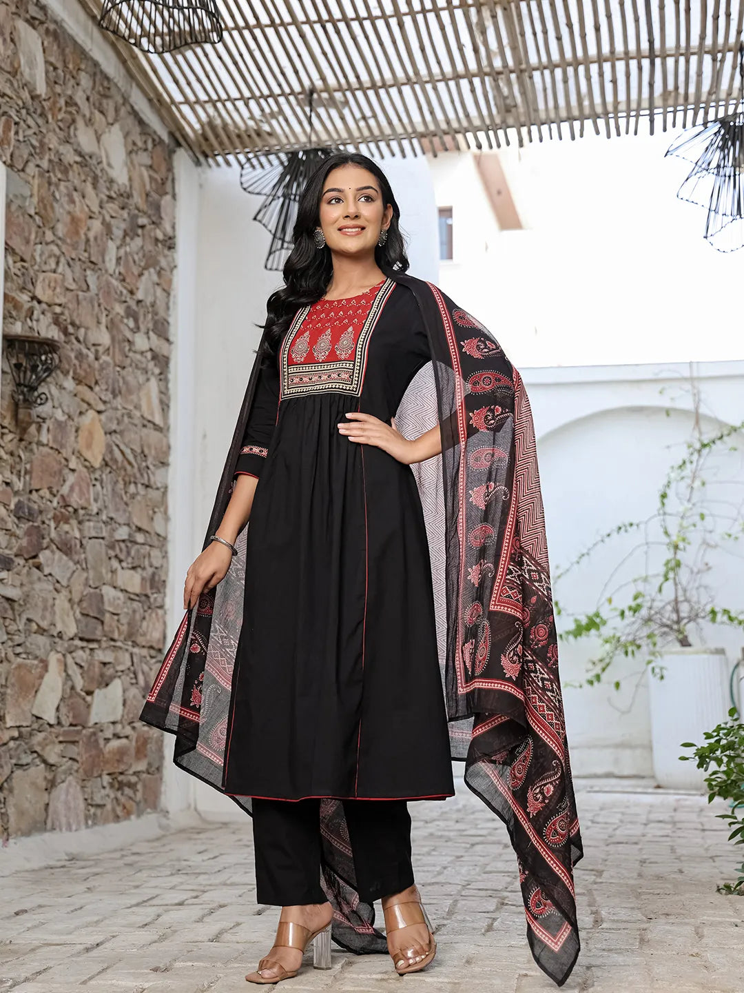 Yufta Black Cotton A Line Gathered Or Pleated Kurta Dupatta Set