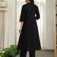 Yufta Black Cotton A Line Mandarin Collar Gathered Kurta Dupatta Set