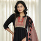 Yufta Black Cotton A Line Mandarin Collar Gathered Kurta Dupatta Set
