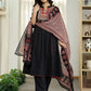 Yufta Black Cotton A Line Mandarin Collar Gathered Kurta Dupatta Set