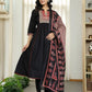 Yufta Black Cotton A Line Mandarin Collar Gathered Kurta Dupatta Set