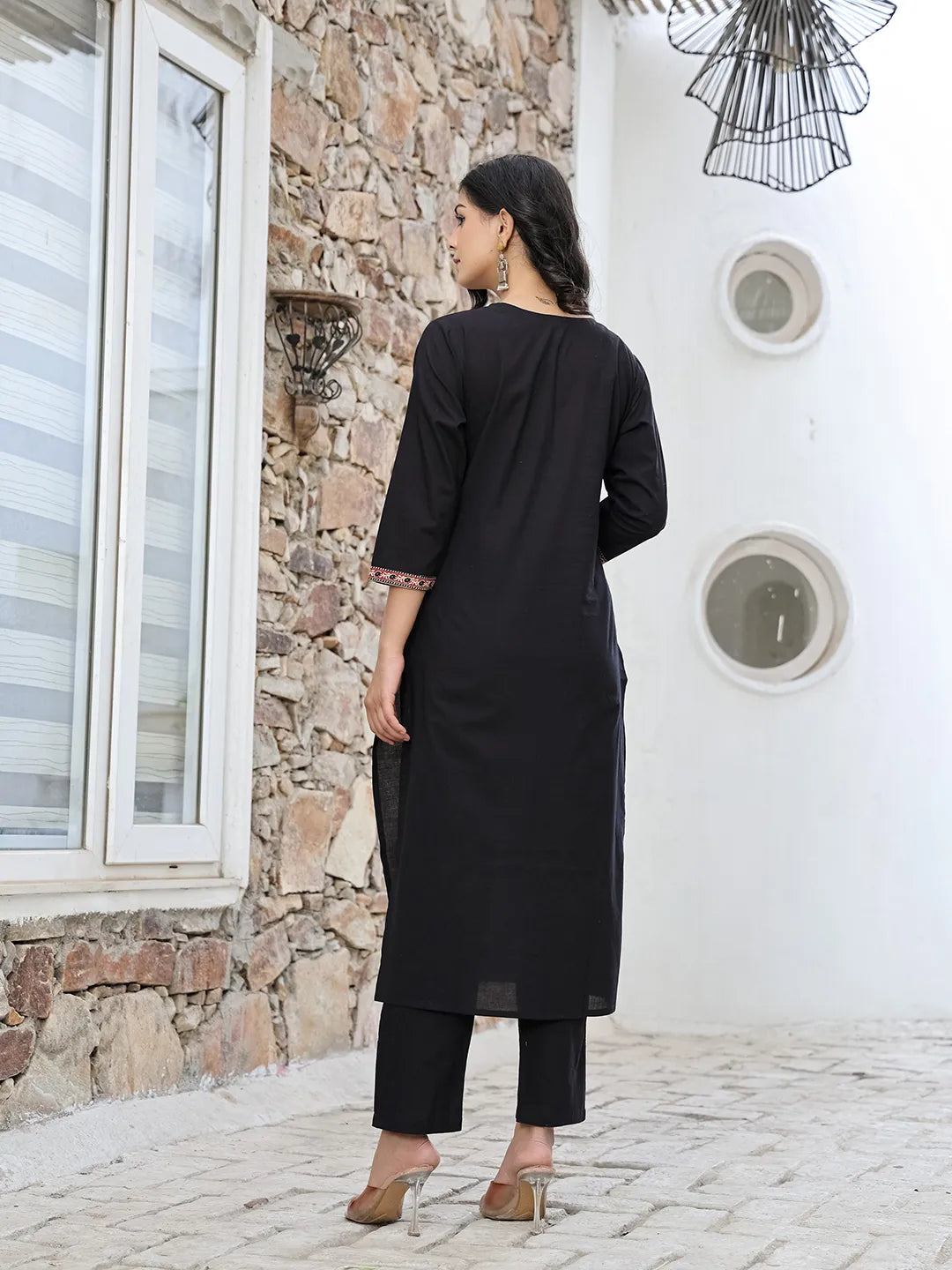 Yufta Black Cotton Sequins Work Straight Kurta Set