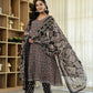 Yufta Black Ethnic Motifs A-Line Kurta Trouser Dupatta Set With Bucket Neck
