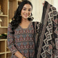 Yufta Black Ethnic Motifs A-Line Kurta Trouser Dupatta Set With Bucket Neck