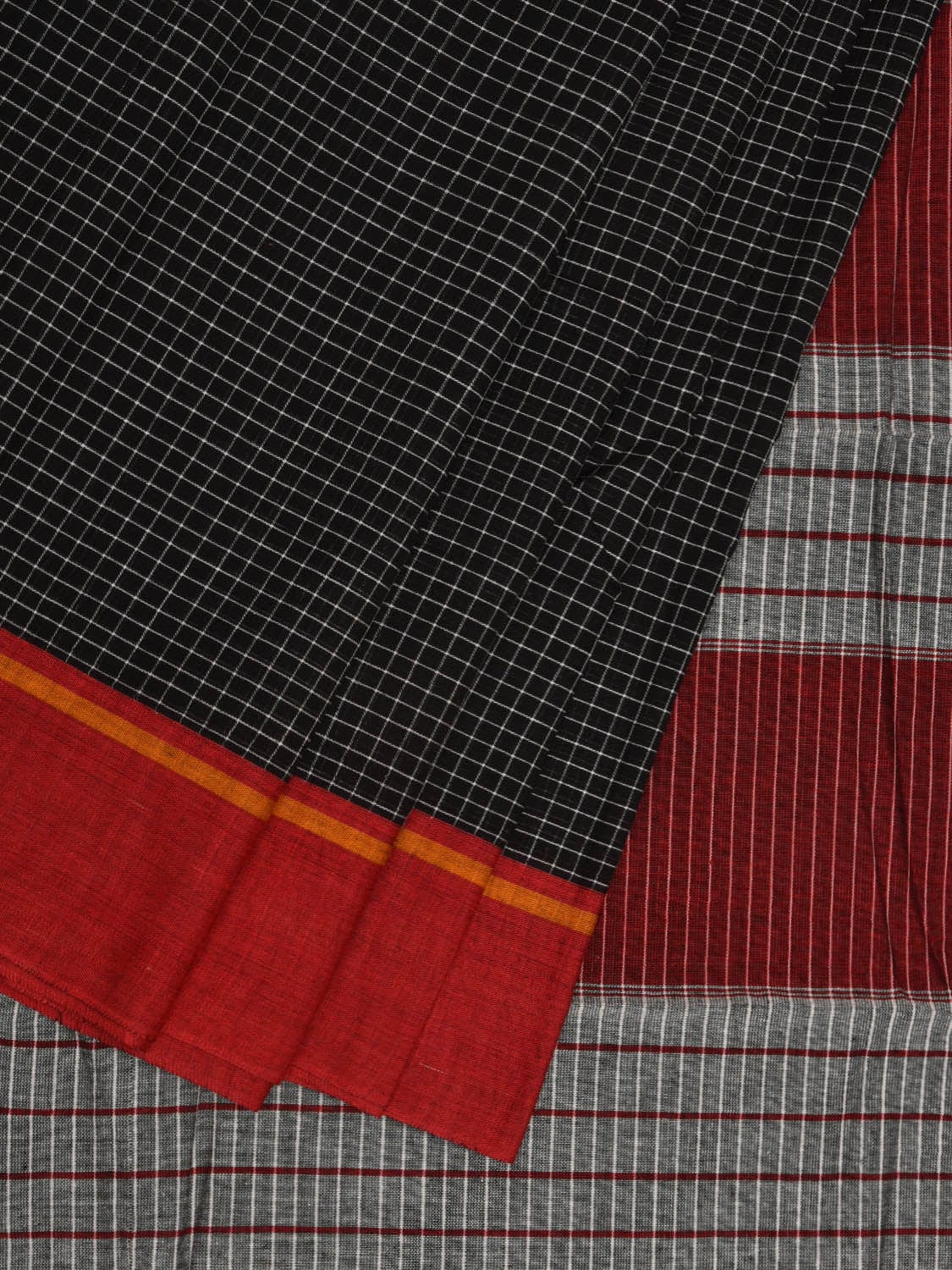 Black ilkal Cotton Handloom Saree with Checks and Ganga-Jamuna Border Design No Blouse - Global Threads | Swadesiicart