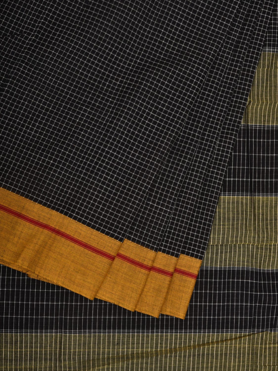 Black ilkal Cotton Handloom Saree with Checks Design No Blouse - Global Threads | Swadesiicart