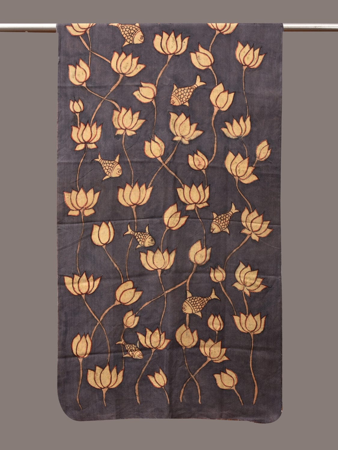 Black Kalamkari Hand Painted Sico Dupatta with Lotus and Fish Design - Global Threads | Swadesiicart