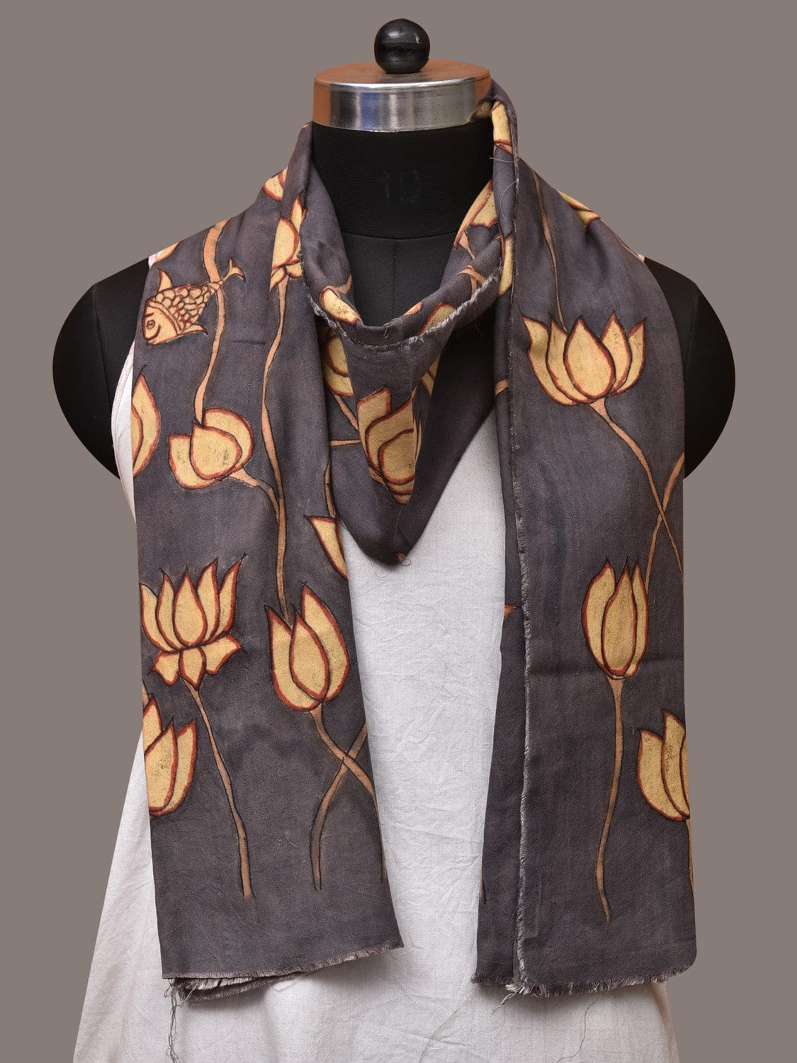 Black Kalamkari Hand Painted Sico Dupatta with Lotus and Fish Design - Global Threads | Swadesiicart