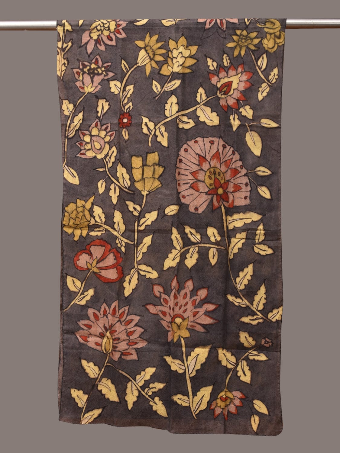 Black Kalamkari Hand Painted Sico Stole with Floral Design - Global Threads | Swadesiicart