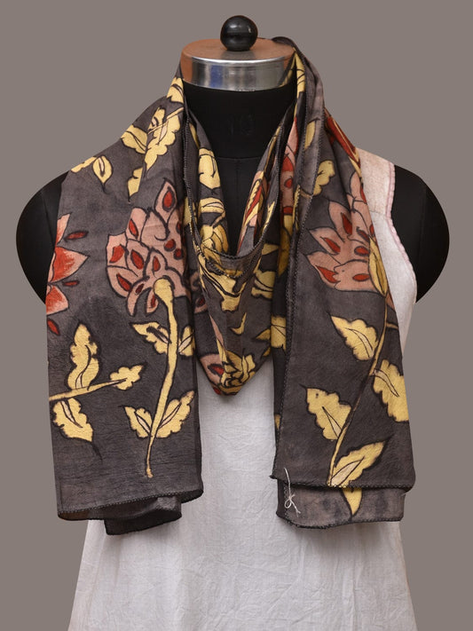 Black Kalamkari Hand Painted Sico Stole with Floral Design - Global Threads | Swadesiicart