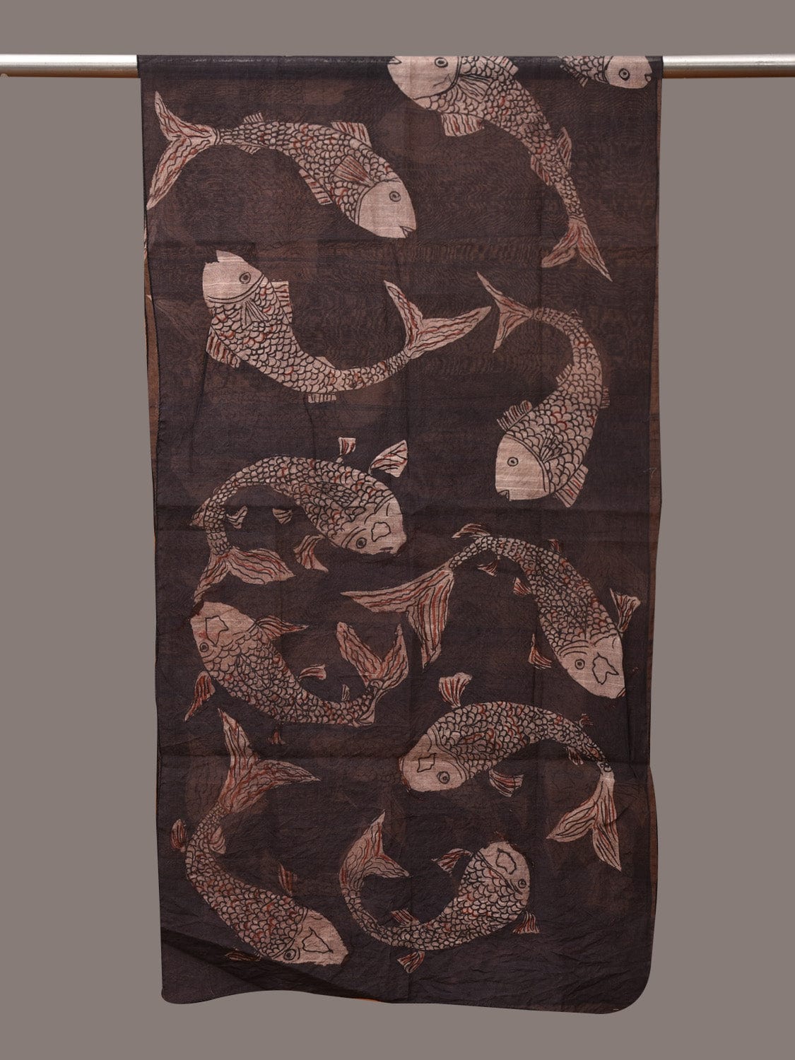 Black Kalamkari Hand Painted Tussar Cotton Handloom Stole with Fishes Design - Global Threads | Swadesiicart