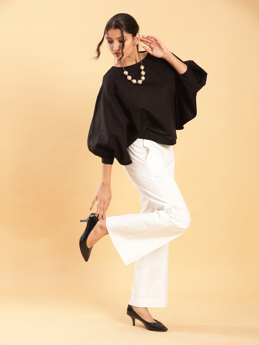 BohoJazz Can Never Go Wrong - Black Kimono Top with White Bell Bottom Co-ord Set - Swadesiicart
