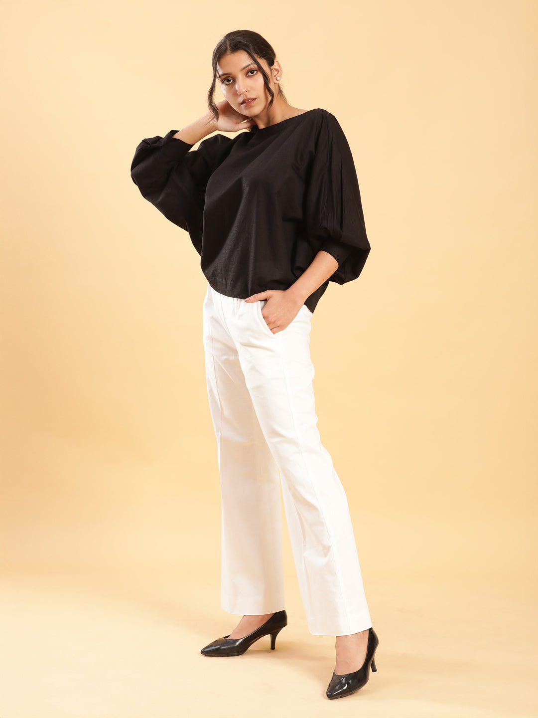 BohoJazz Can Never Go Wrong - Black Kimono Top with White Bell Bottom Co-ord Set - Swadesiicart