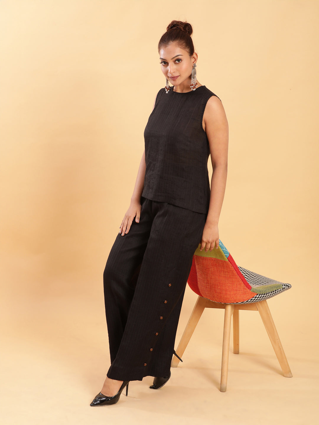 BohoJazz Black self stripe Top with Flared Pants with Side Slits Co-ord Set - Swadesiicart