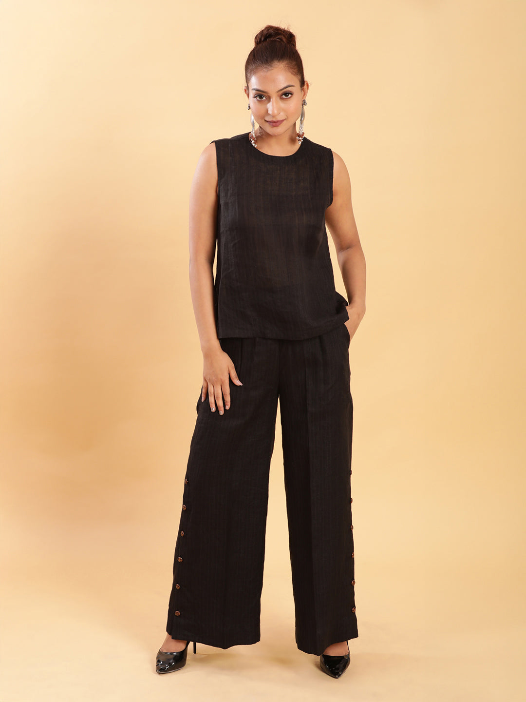 BohoJazz Black self stripe Top with Flared Pants with Side Slits Co-ord Set - Swadesiicart