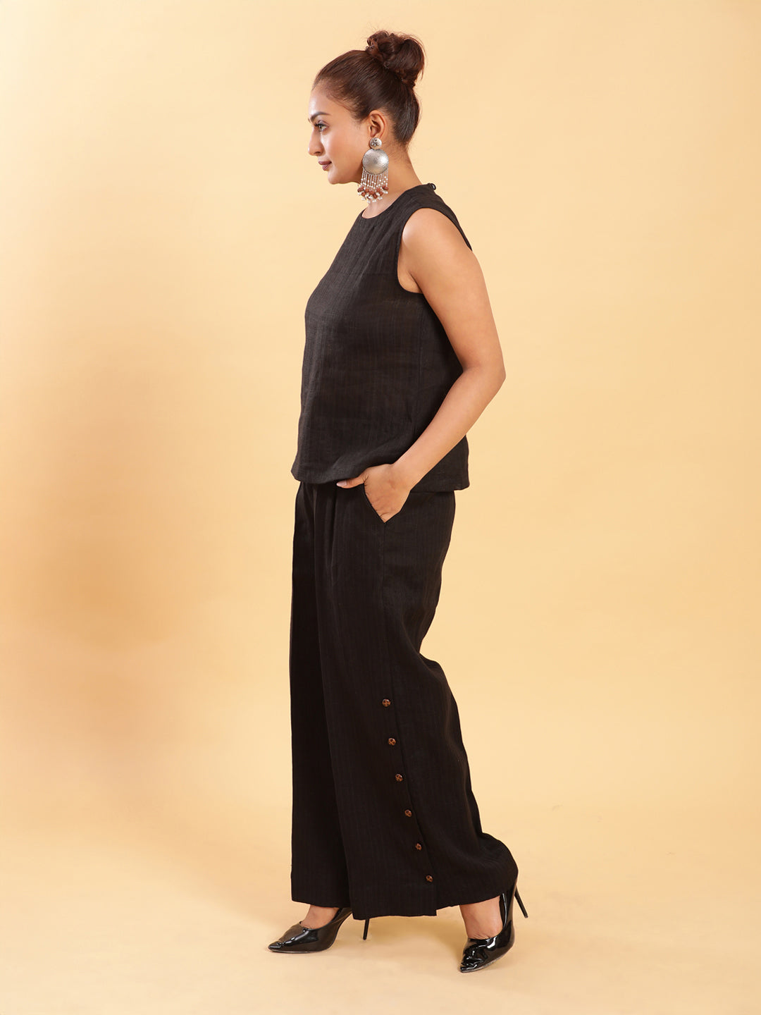 BohoJazz Black self stripe Top with Flared Pants with Side Slits Co-ord Set - Swadesiicart