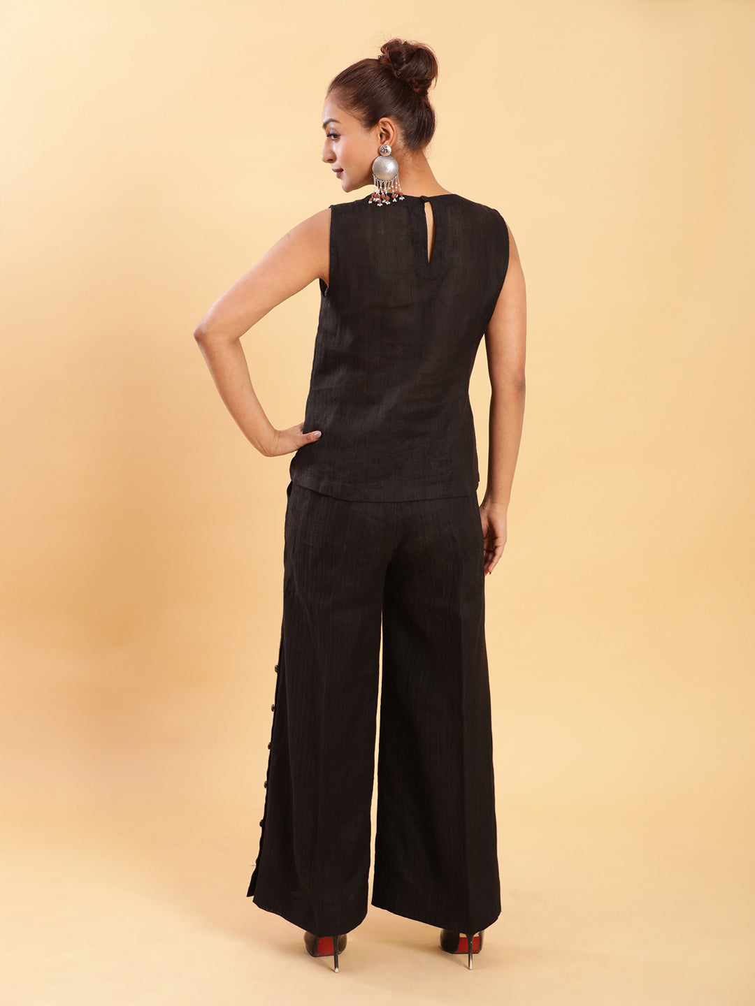 BohoJazz Black self stripe Top with Flared Pants with Side Slits Co-ord Set - Swadesiicart