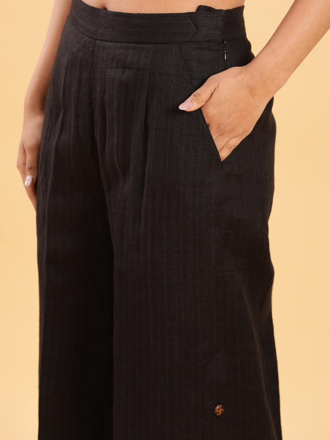 BohoJazz Black self stripe Top with Flared Pants with Side Slits Co-ord Set - Swadesiicart