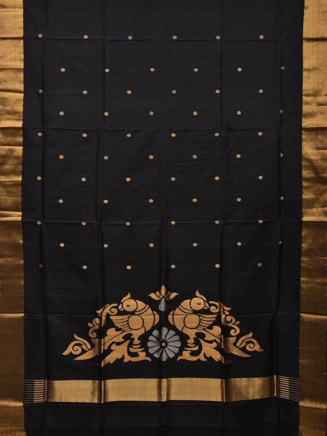 Black Uppada Silk Handloom Saree with Birds Pallu Design - Global Threads | Swadesiicart