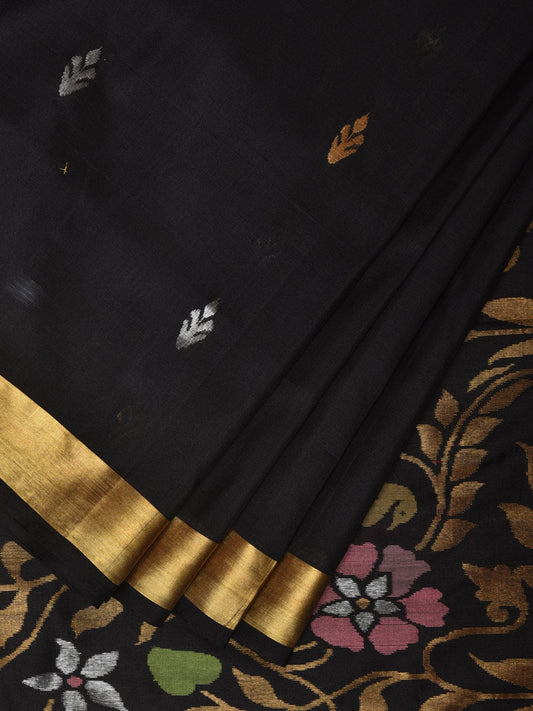 Black Uppada Silk Handloom Saree with Floral Pallu Design - Global Threads | Swadesiicart