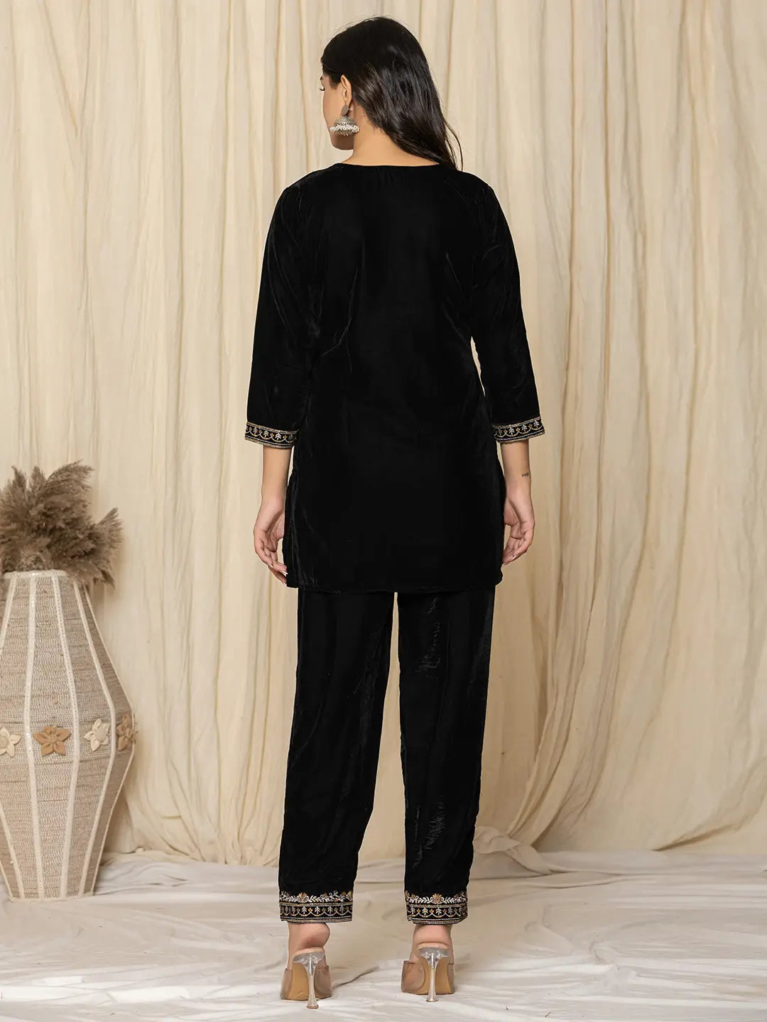 Yufta Black Velvet Embroidered Co-Ord Set - Swadesiicart