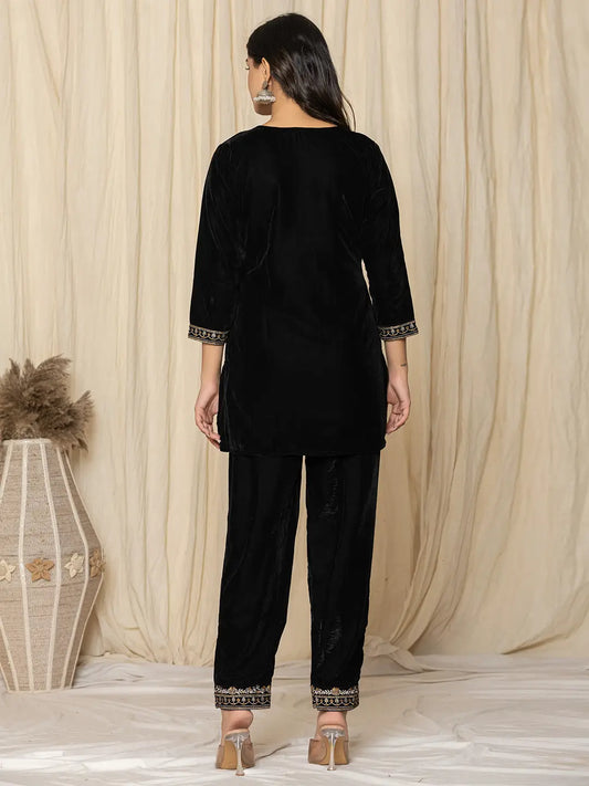 Yufta Black Velvet Embroidered Co-Ord Set - Swadesiicart