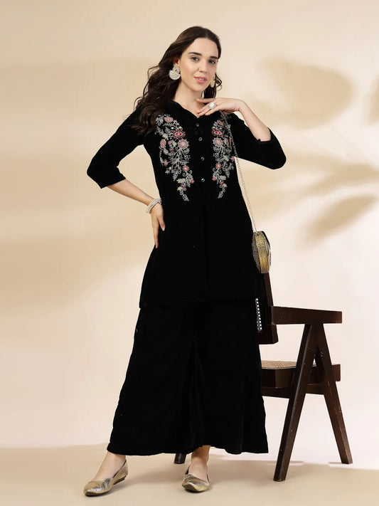 Yufta Black Velvet Zari Work CoOrd Set - Swadesiicart