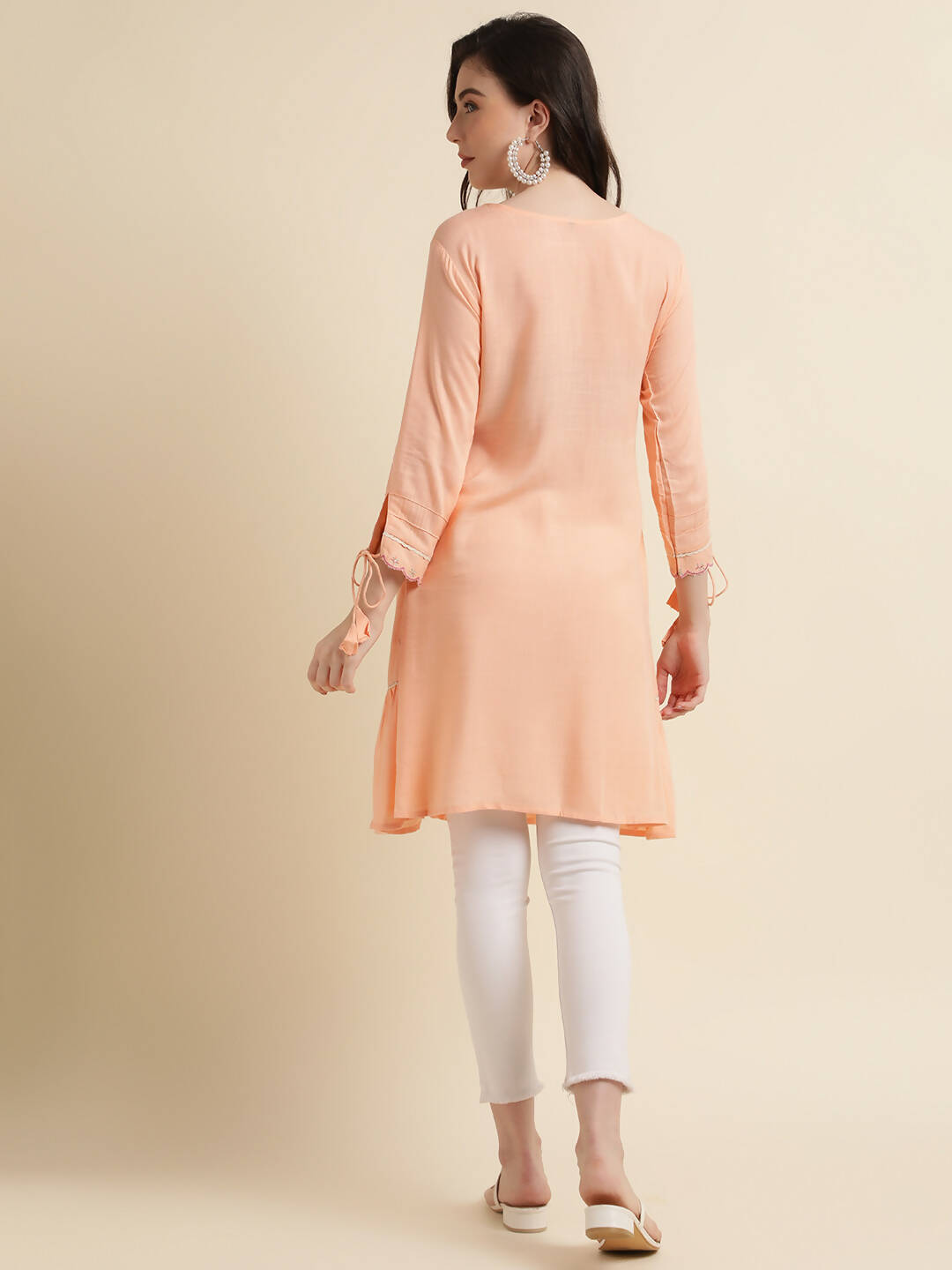Peach Poly Cotton Yoke Embroidered A-line Top - Tarini - Swadesiicart