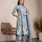 Yufta Blue And Beige Pure Cotton Floral Print Tiered Kurta Dupatta Set