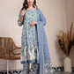 Yufta Blue And Beige Pure Cotton Floral Print Tiered Kurta Dupatta Set