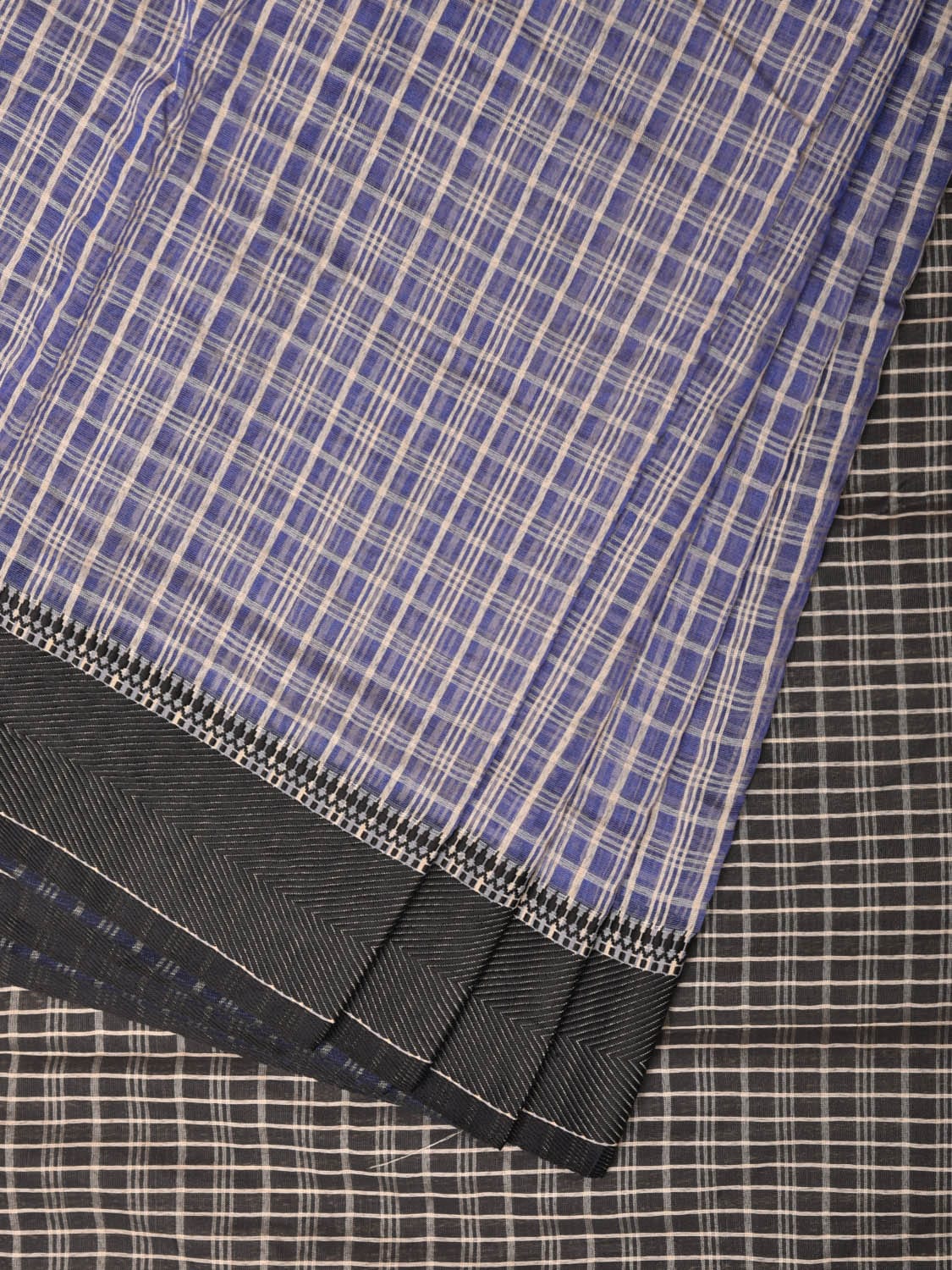 Blue and Black Bamboo Cotton Saree with Checks Design No Blouse - Global Threads | Swadesiicart