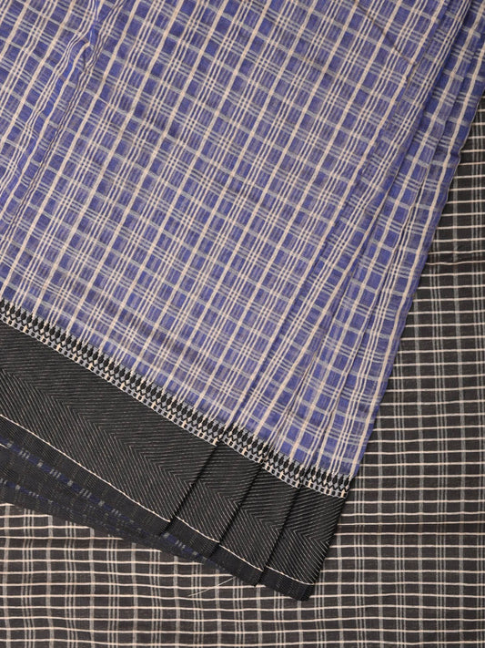 Blue and Black Bamboo Cotton Saree with Checks Design No Blouse - Global Threads | Swadesiicart