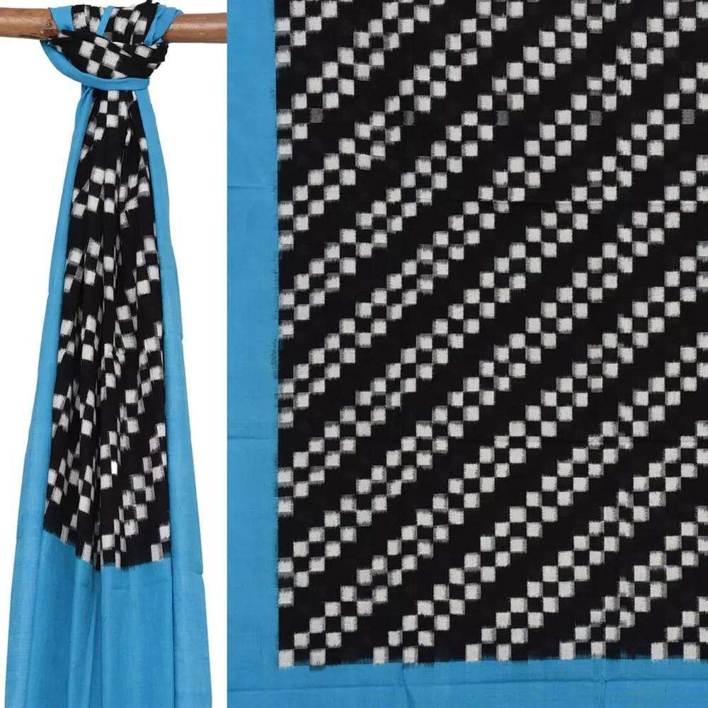Blue and Black Pochampally Ikat Cotton Handloom Dupatta with Diagonal Design - Global Threads | Swadesiicart
