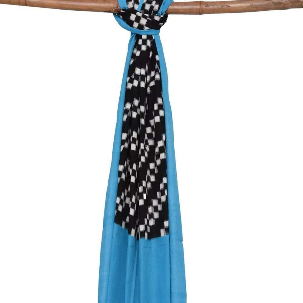 Blue and Black Pochampally Ikat Cotton Handloom Dupatta with Diagonal Design - Global Threads | Swadesiicart