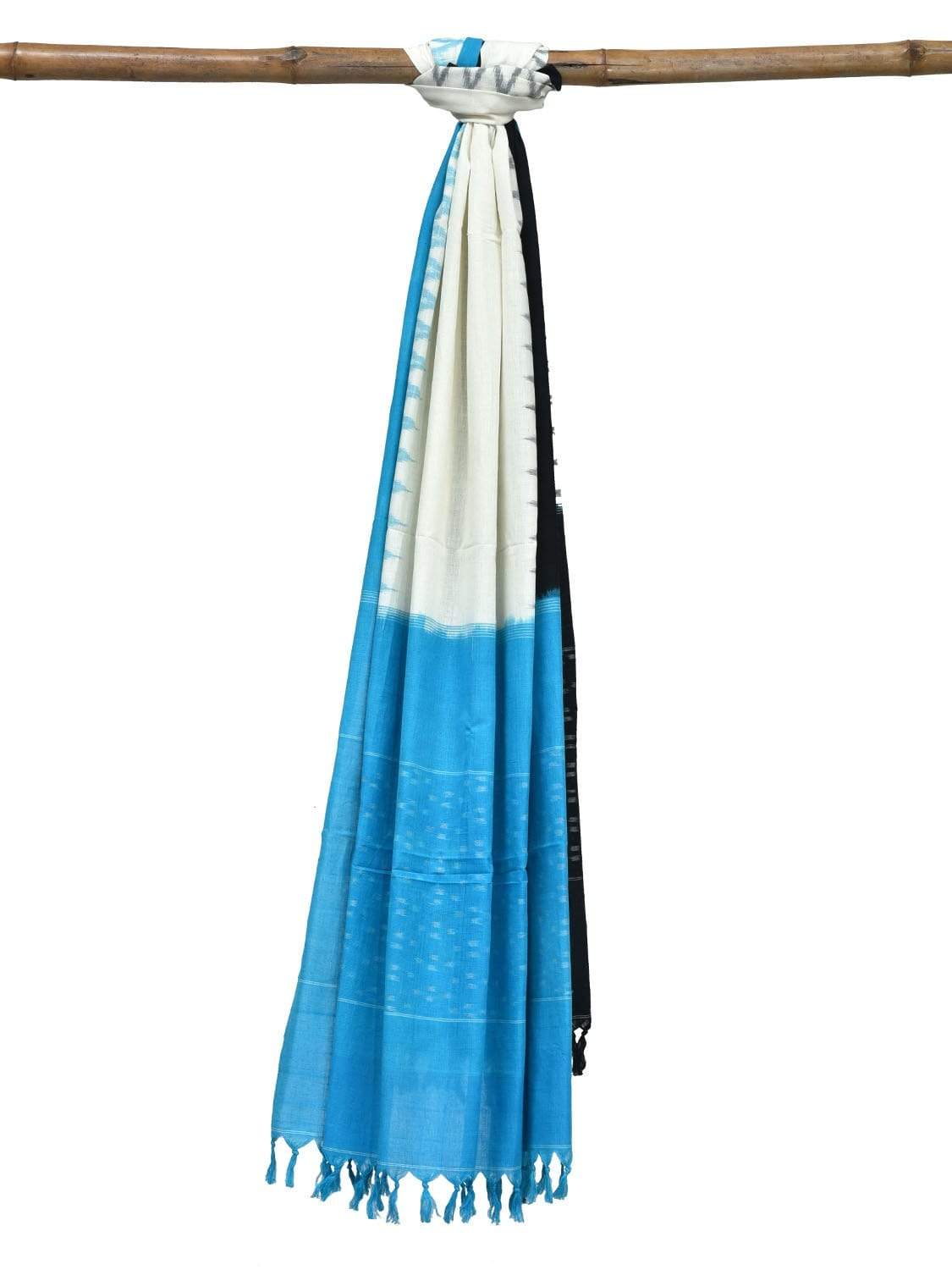 Blue and Black Pochampally Ikat Cotton Handloom Dupatta with Ganga-Jamuna Border - Global Threads | Swadesiicart