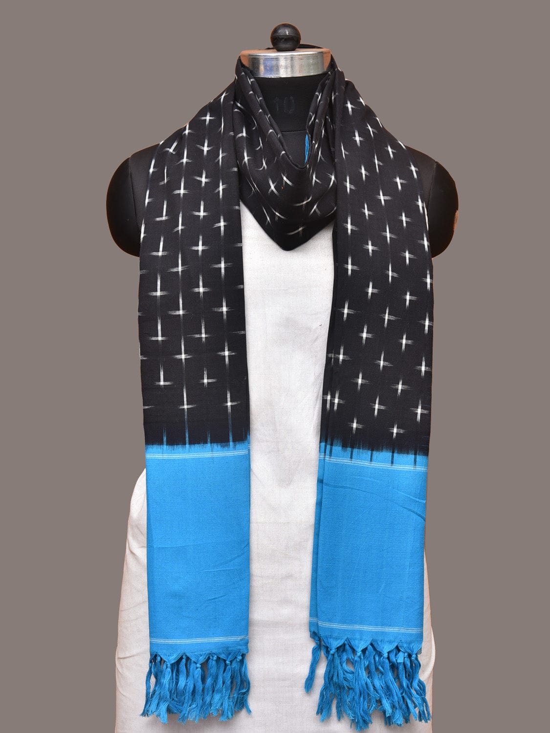 Blue and Black Pochampally Ikat Cotton Handloom Dupatta with Plus Buta Design - Global Threads | Swadesiicart