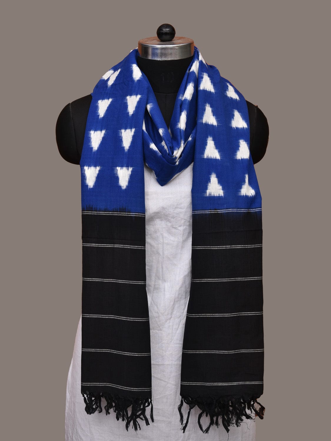 Blue and Black Pochampally Ikat Cotton Handloom Dupatta with Triangle Design - Global Threads | Swadesiicart