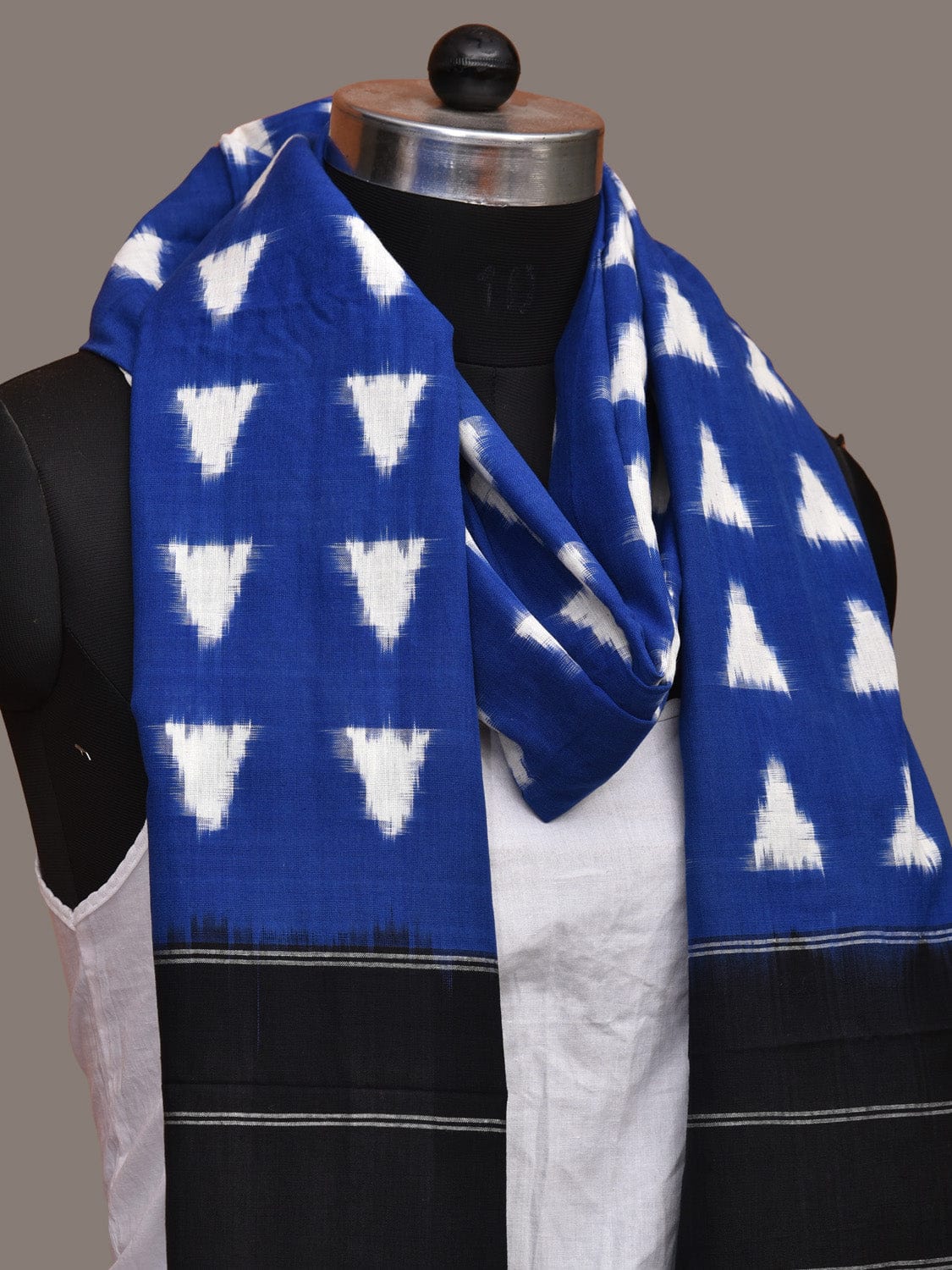 Blue and Black Pochampally Ikat Cotton Handloom Dupatta with Triangle Design - Global Threads | Swadesiicart