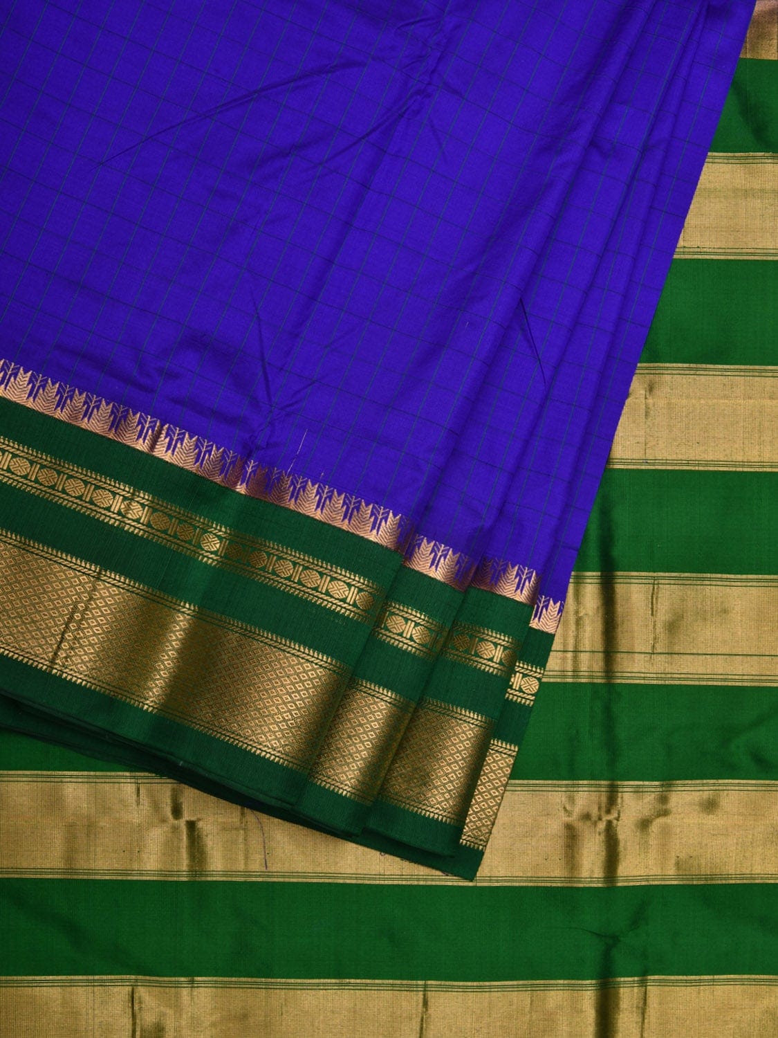 Blue and Green Gadwal Silk Handloom Saree with Checks Design - Global Threads | Swadesiicart