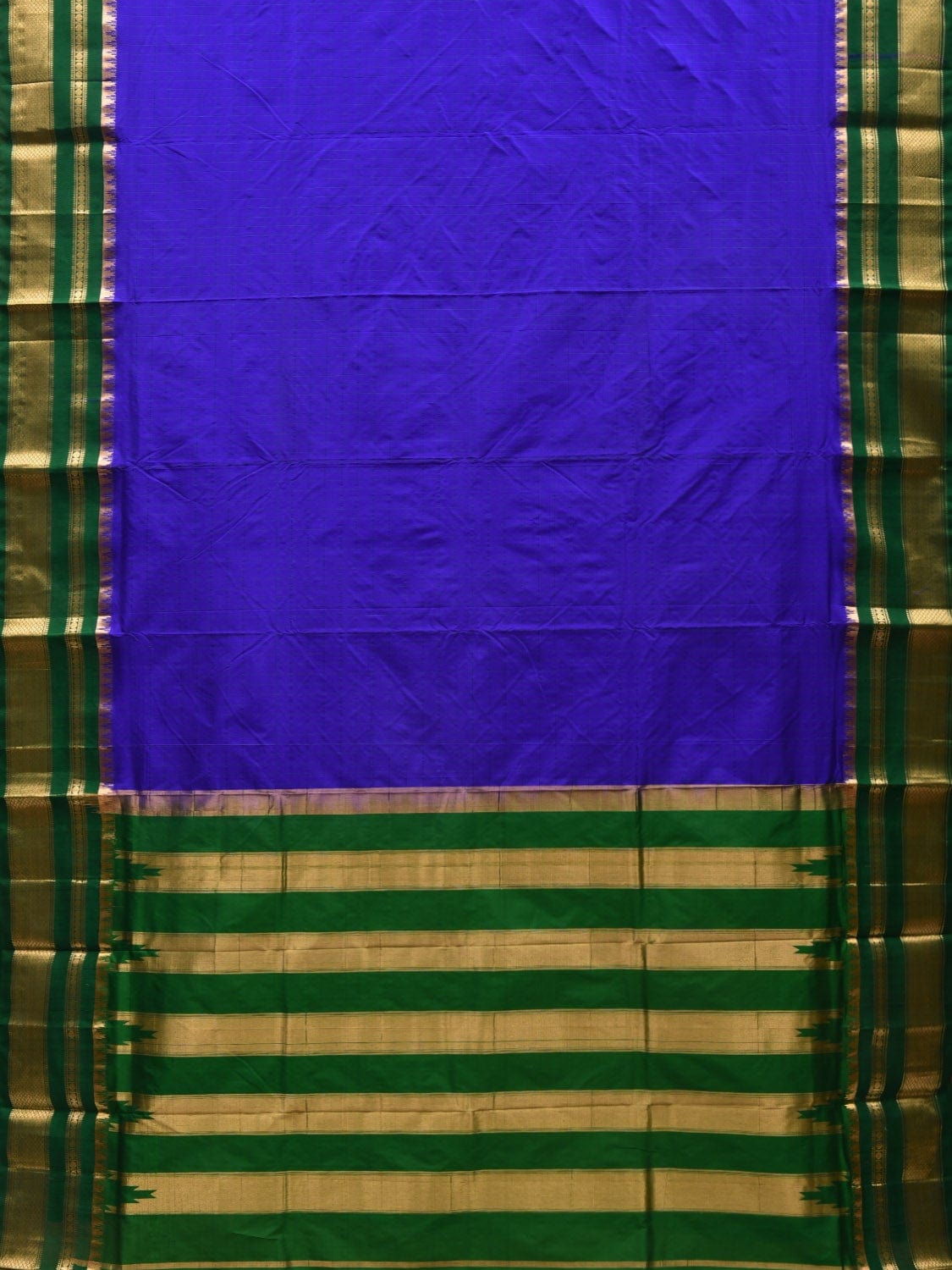 Blue and Green Gadwal Silk Handloom Saree with Checks Design - Global Threads | Swadesiicart