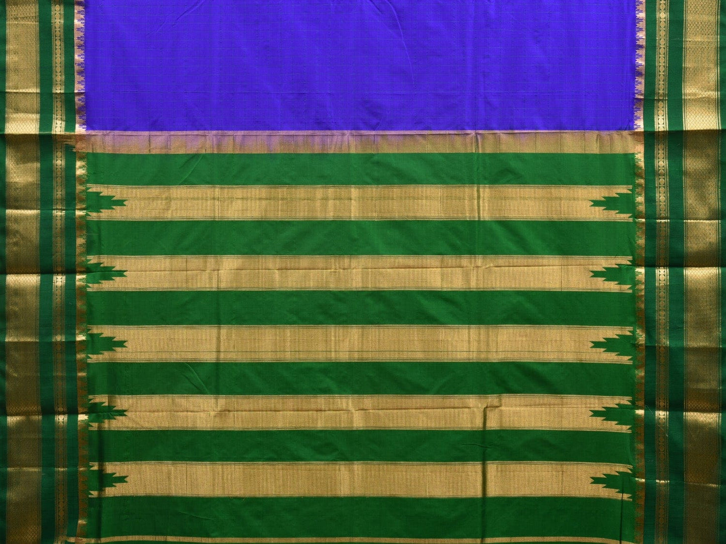 Blue and Green Gadwal Silk Handloom Saree with Checks Design - Global Threads | Swadesiicart