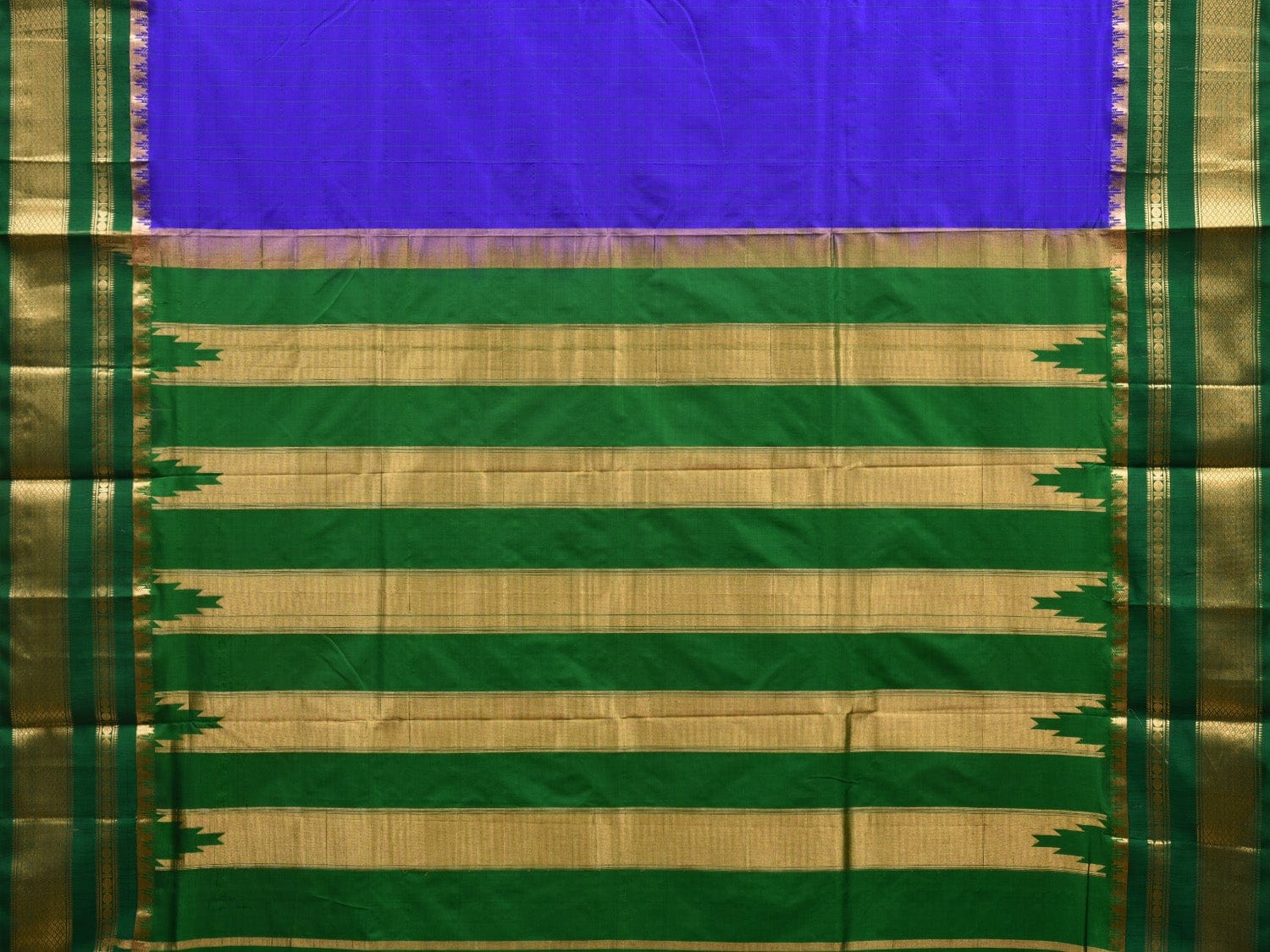 Blue and Green Gadwal Silk Handloom Saree with Checks Design - Global Threads | Swadesiicart