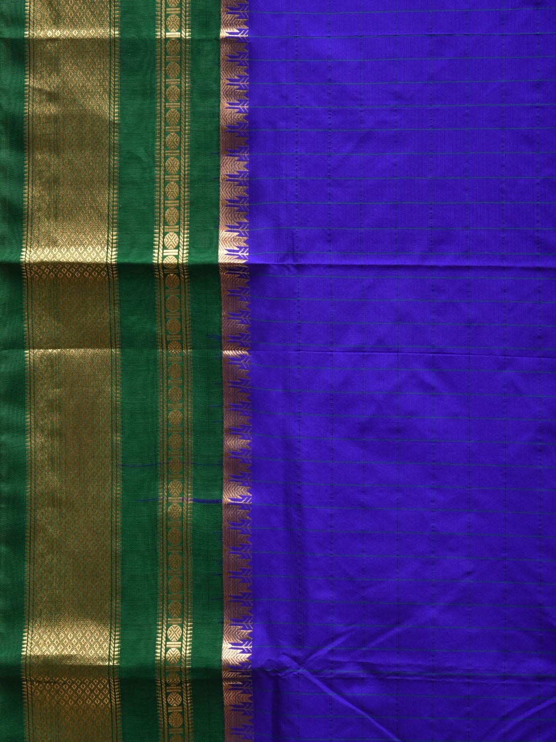 Blue and Green Gadwal Silk Handloom Saree with Checks Design - Global Threads | Swadesiicart